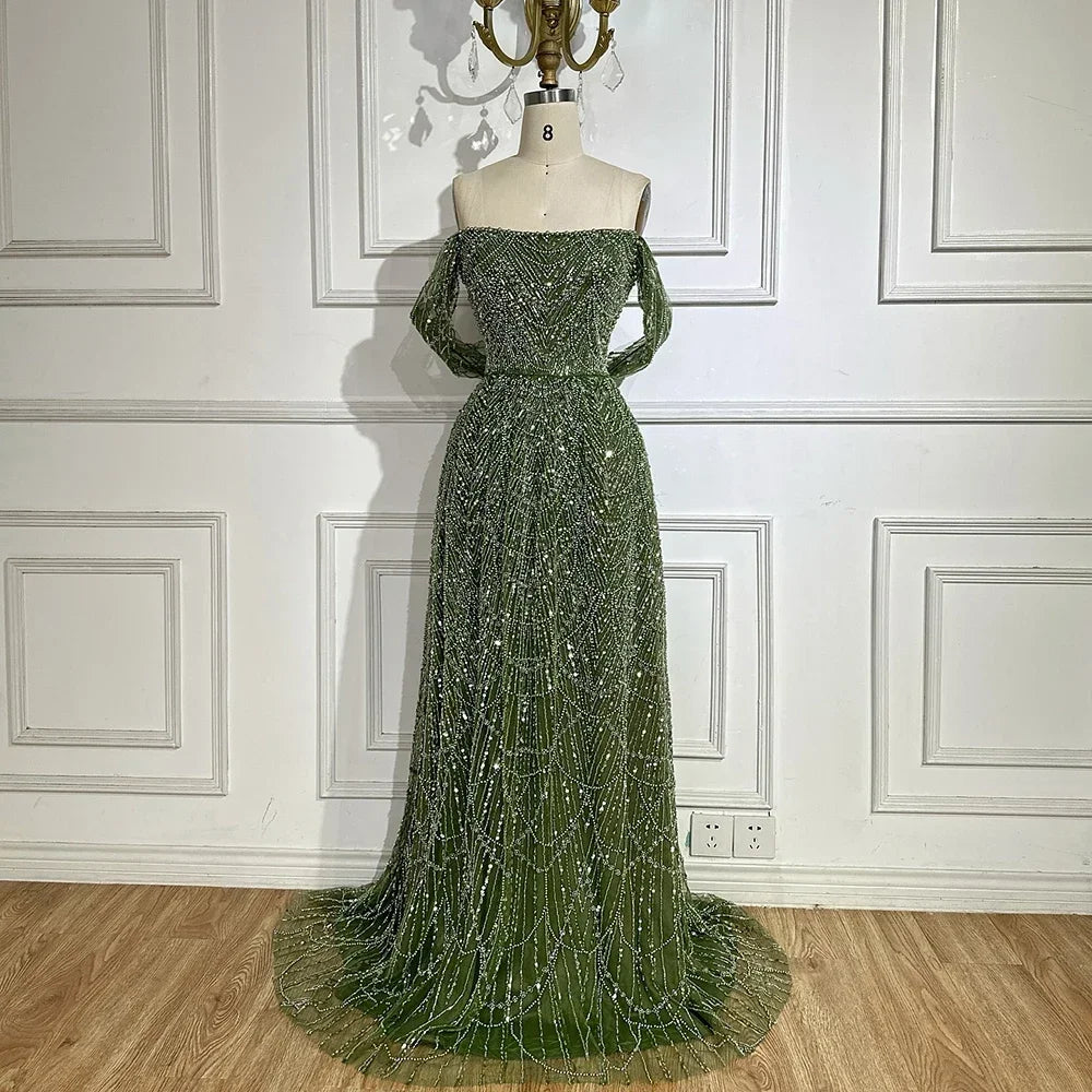 Serene Hill 2025 Customized Dubai Olive Green A Line Off Shoulder Evening Dresses With Pearl Beaded Design For Party DLA72738A