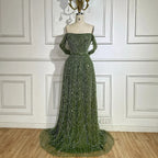 Serene Hill 2025 Customized Dubai Olive Green A Line Off Shoulder Evening Dresses With Pearl Beaded Design For Party DLA72738A