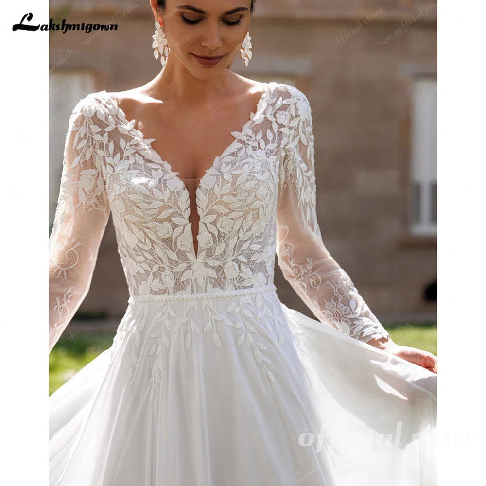 Lakshmigown Lace V-Neck Chiffon Wedding Dress for Women A-Line Sweep Train Backless Vestidos De Novia  Customized