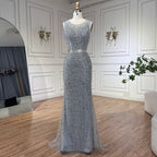 Serene Hill  Customized 2026 Gray Arabic Mermaid Beaded Evening Dresses With Detachable Long Cape For Formal Occasion DLA72180