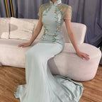 Serene Hill Customized 2025 Saudi Mint Mermaid Beaded Satin Evening Dress Gown with   for Formal Occasion DLA72797
