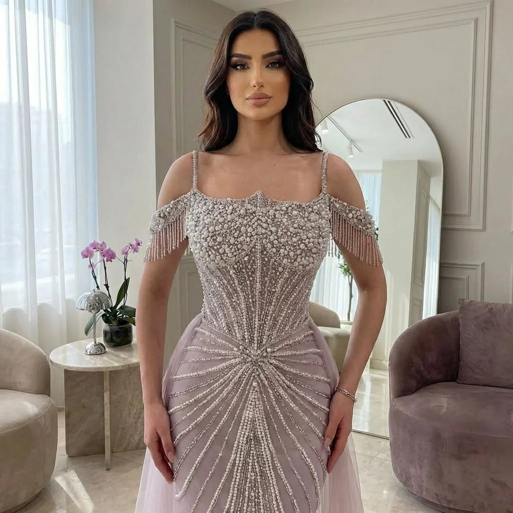 Serene Hill 2026 Mermaid Evening Gowns Pearl Beaded Tassel Formal Party Dresses for Wedding Guest DLA73148B Customized