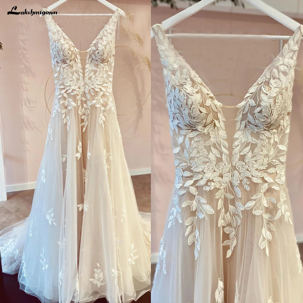 Lakshmigown V Neck Lace Appliques Wedding Dresses Customized Champagne Bridal Gowns A Line Wedding Gown Estido De Noiva Praiano
