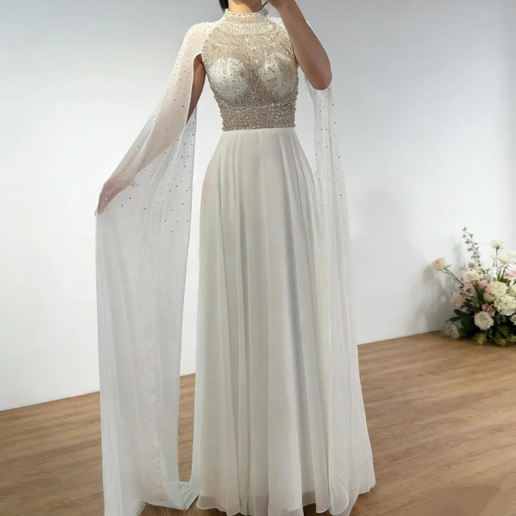 Serene Hill White Chiffon A-line Evening Dress with Cape Sleeves Simple Wedding Party Gowns for Bridesmaid Customized DLA73144