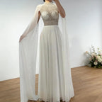 Serene Hill White Chiffon A-line Evening Dress with Cape Sleeves Simple Wedding Party Gowns for Bridesmaid Customized DLA73144