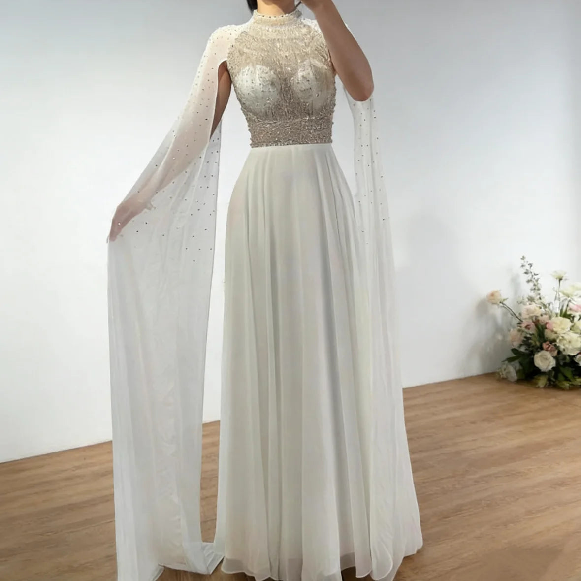 Serene Hill White Chiffon A-line Evening Dress with Cape Sleeves Simple Wedding Party Gowns for Bridesmaid Customized DLA73144