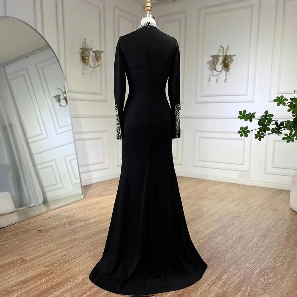 Serene Hill Customized Black Satin Mock Neck Mermaid Evening Dresses with Split Simple Party Gowns for Women DLA72476