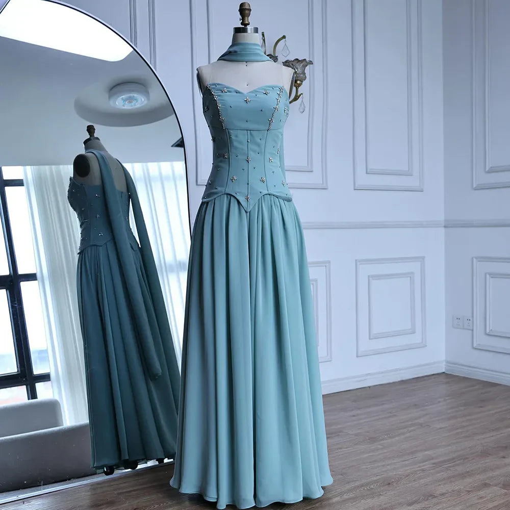 Elegante Verde Salvia   Abito da Sera a Linea A in Chiffon LA73073