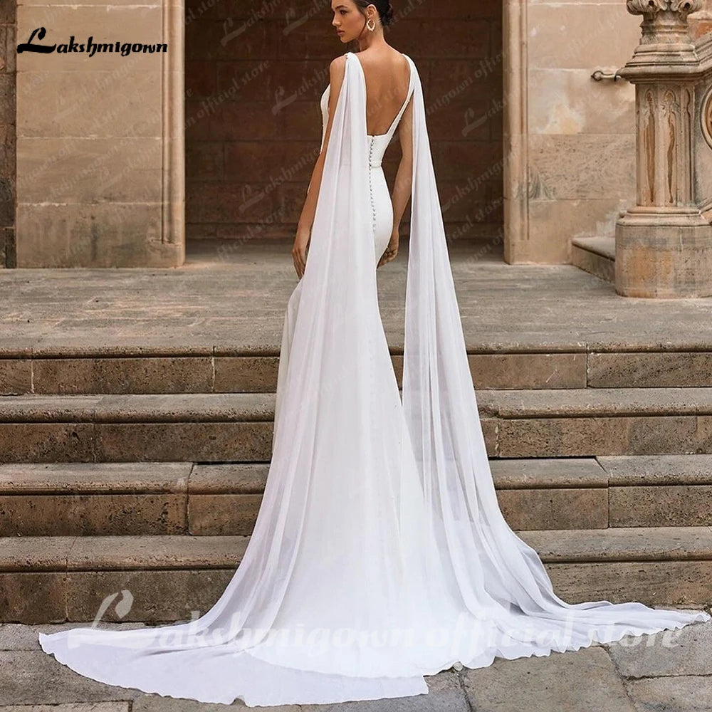 Lakshmigown Elegant Soft Satin Crepe Wedding Dresses With Detachable Cape Simple V Neck Mermaid Boho Bridal Gowns For Brides
