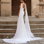 Lakshmigown Elegant Soft Satin Crepe Wedding Dresses With Detachable Cape Simple V Neck Mermaid Boho Bridal Gowns For Brides