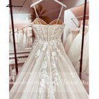 Princess Lace Wedding Dress Bridal Customized Vestido Spaghetti Straps Chapel Train Champagne Tulle Wedding Gown Lakshmigown