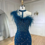 Serene Hill Customized 2025 Gray Halter Feathers Beaded Mermaid High Split Evening Dresses Formal Party Gowns for Women DLA72452