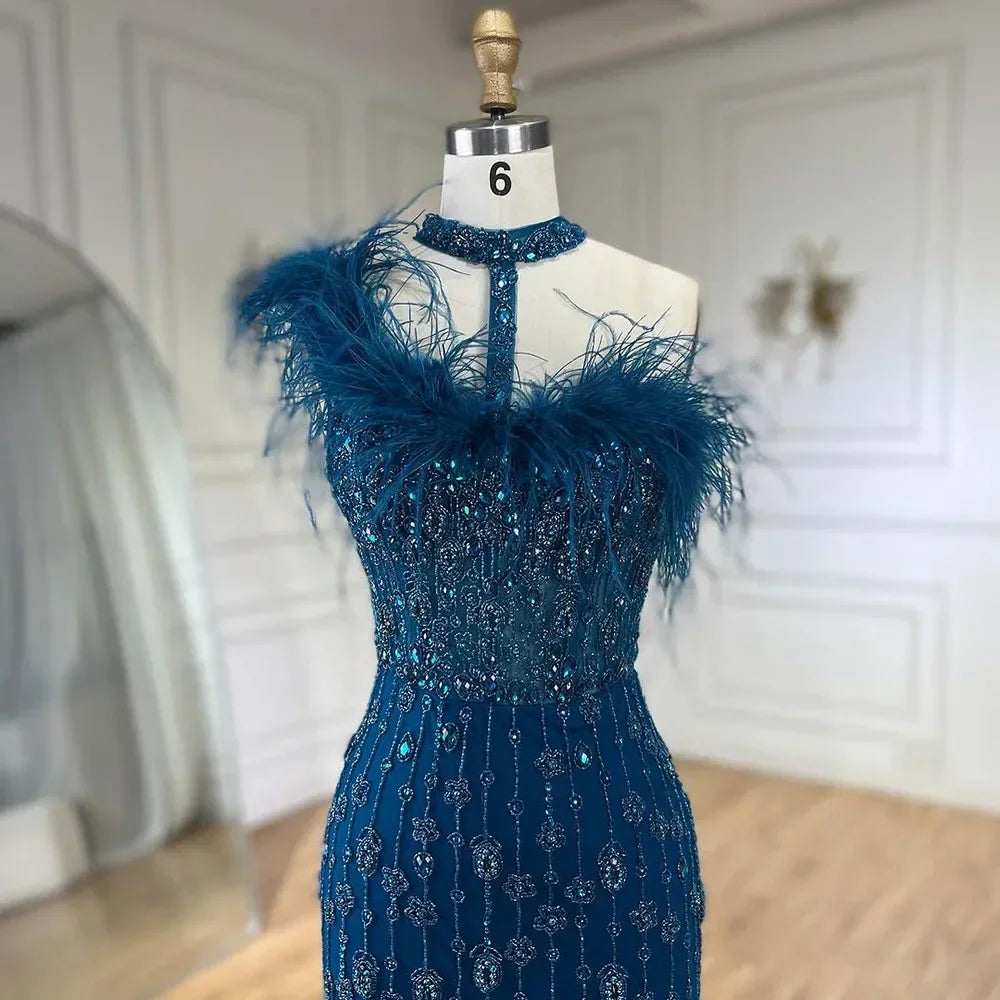 Serene Hill Customized 2025 Gray Halter Feathers Beaded Mermaid High Split Evening Dresses Formal Party Gowns for Women DLA72452