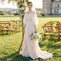 Grecian Boho Wedding Dress V‑Neck Batwing Sleeve Draped Ruched A‑Line Bridal Gown Sweep Train For Outdoor Garden Wedding