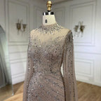 Serene Hill Customized Caramel Mermaid Beaded Cape Sleeves Evening Dresses 2024 Dubai Party Gowns for Women Wedding DLA71885A