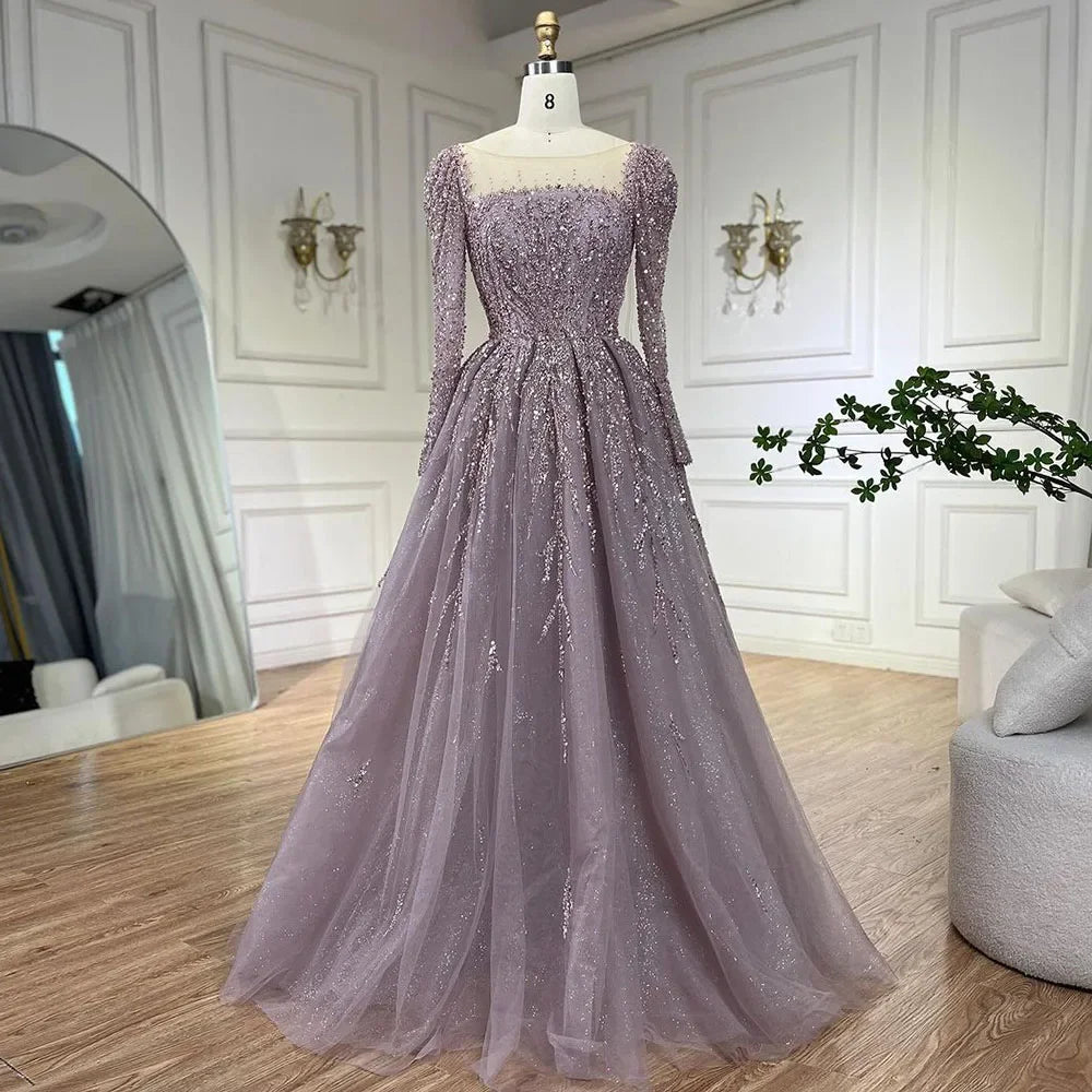 Customized Pink Long Sleeves A Line Beaded Dubai Evening Dresses Party Gowns For Women Wedding | Nightbubo