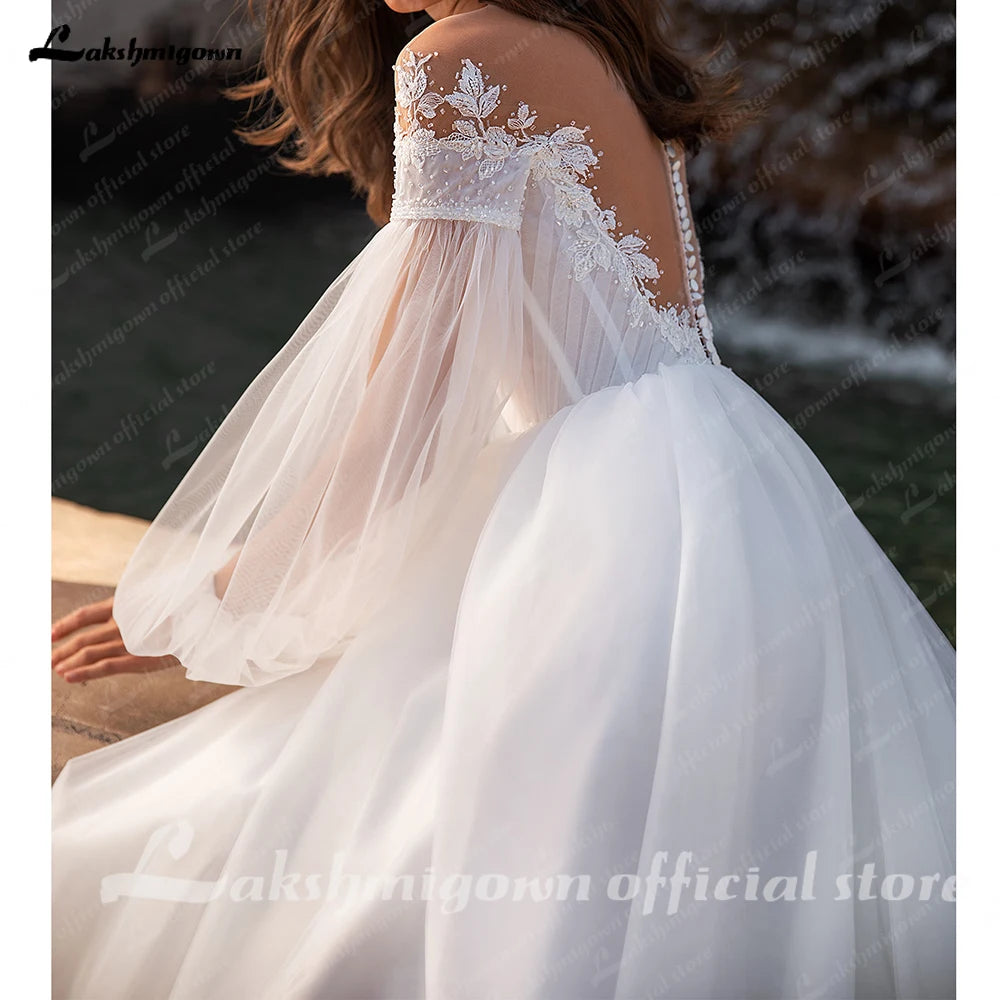 Lakshmigown Puffy Long Sleeves Women Wedding Dresses 2025 New Sexy Deep-V A-Line Bridal Gowns Plus Size Customized