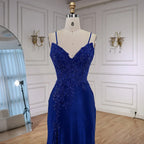 Vestido de Baile de Gala Azul Marinho de Luxo com Renda e Fenda Lateral e Alças Finas LA73041
