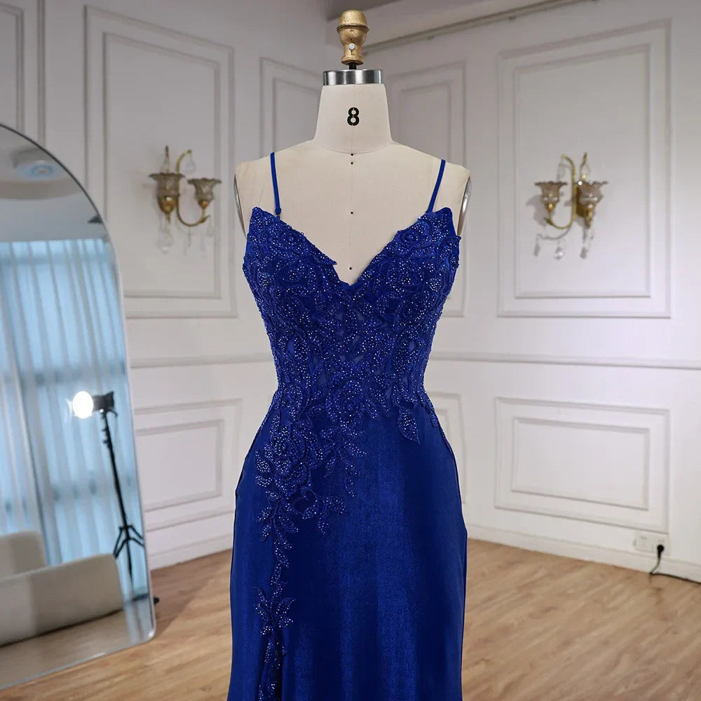 Vestido de Baile de Gala Azul Marinho de Luxo com Renda e Fenda Lateral e Alças Finas LA73041