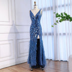 Luxuriöses blaues Perlenbesetztes Federbesetztes Meerjungfrauen-Abendkleid LA73369