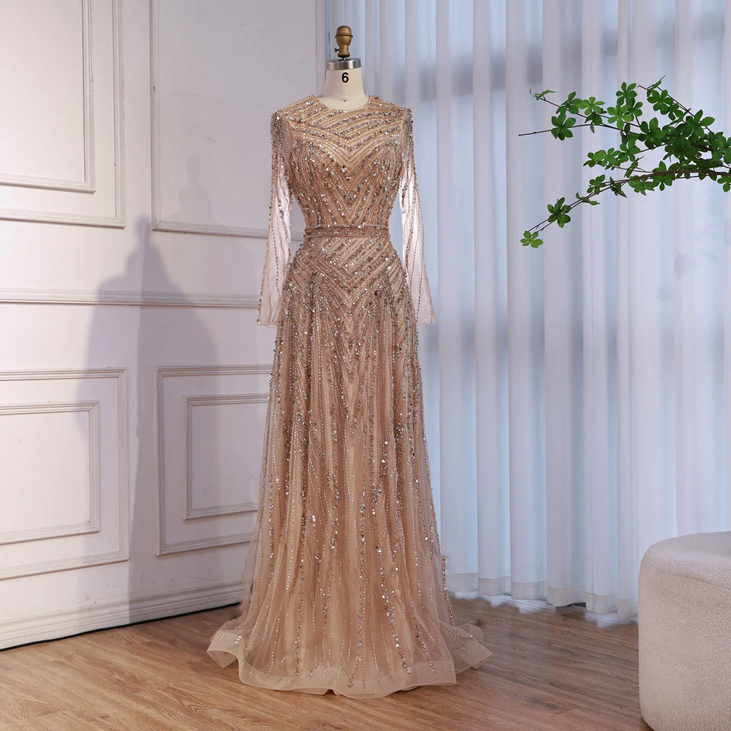 Serene Hill Nude Crew Neck A-line Long Sleeves Evening Dress Beaded Wedding Party Gowns for Women 2026 Customized DLA73208
