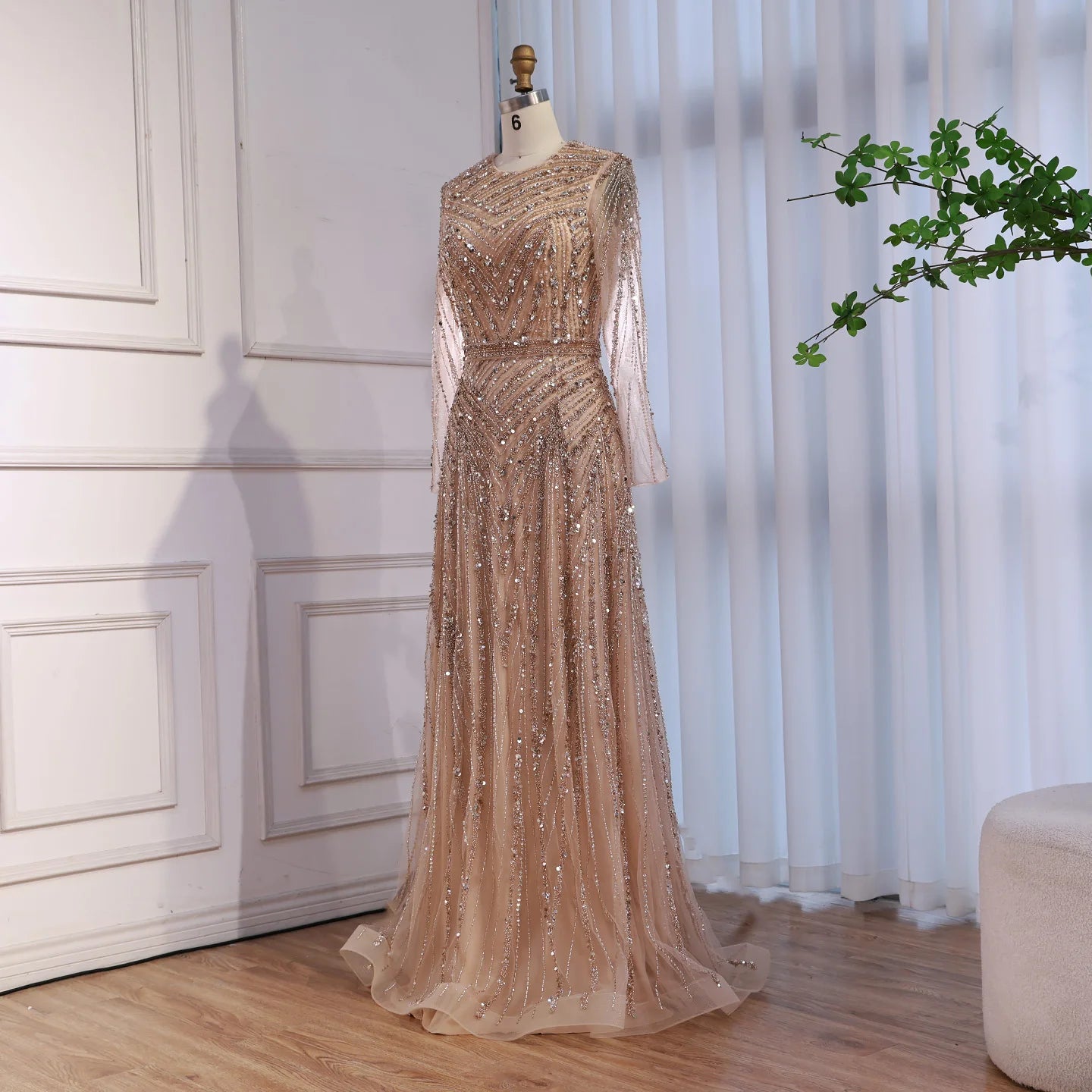 Serene Hill Nude Crew Neck A-line Long Sleeves Evening Dress Beaded Wedding Party Gowns for Women 2026 Customized DLA73208
