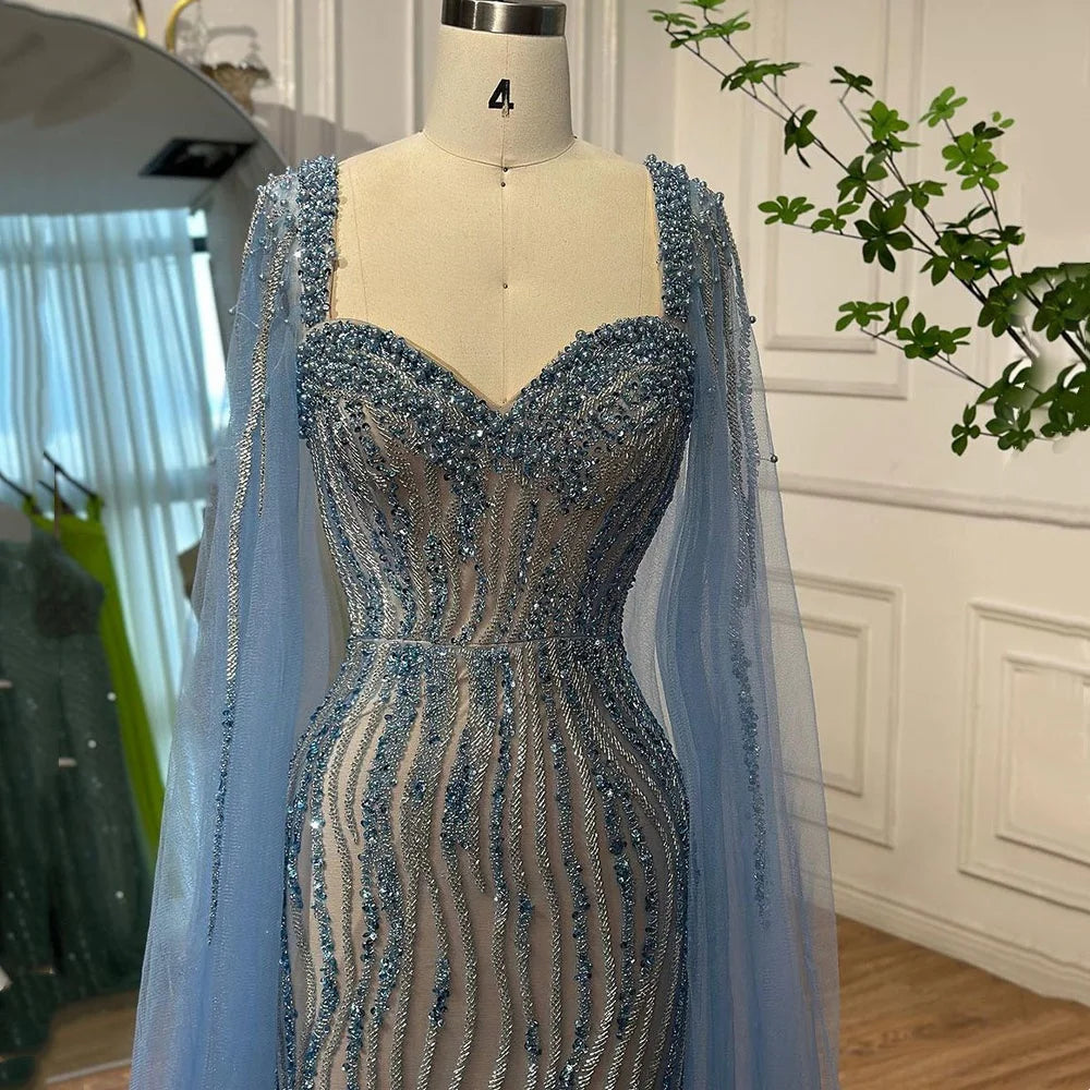 Serene Hill Blue Mermaid Beaded Evening Dresses with Cape Sleeves Wedding Party Gowns for Women DLA71715 Customized