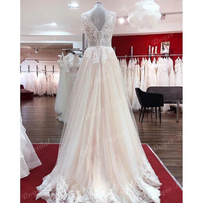 Lakshmigown Boho Champagne Wedding Dresses Lace Appliques V Neck Sleeveless Sweep Train Bridal Dress Customized