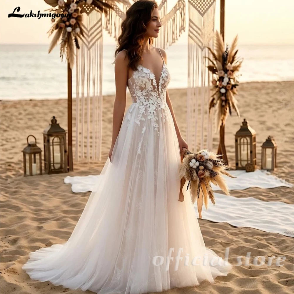 Lakshmigown Sexy V-neck Lace A-line Wedding Dresses Spaghetti Strap Appliques Floor Length Tulle Bridal Gown Customized