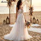 Lakshmigown Sexy V-neck Lace A-line Wedding Dresses Spaghetti Strap Appliques Floor Length Tulle Bridal Gown Customized