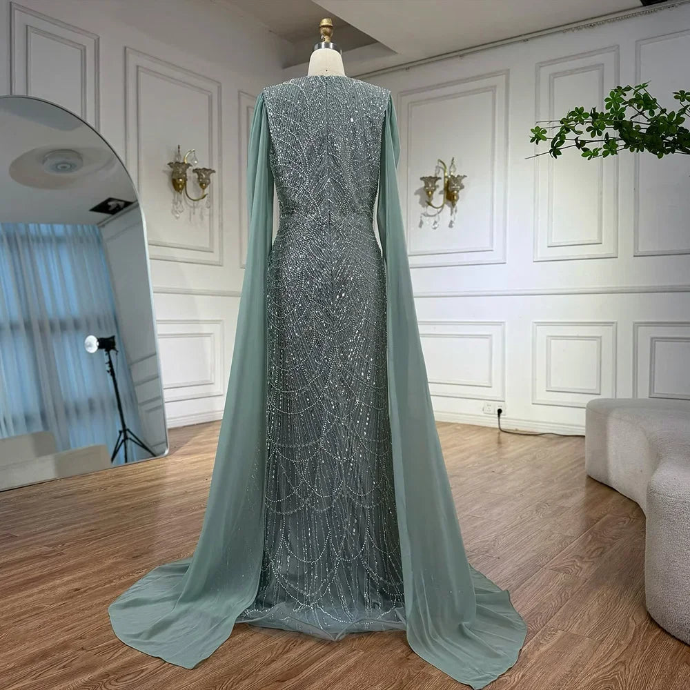Elegant Dubai Sage Green Mermaid Evening Dress with Cape Sleeves Beaded Formal Gown Serene Hill 2025 Customized DLA72160A