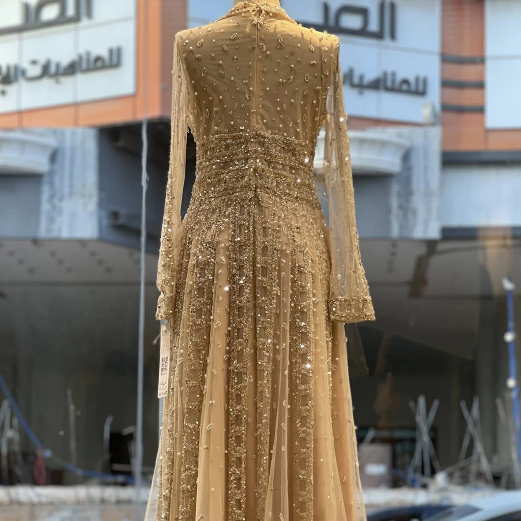 Serene Hill Customized 2026 Lapel Collar Long Sleeve Evening Dress Luxury Beaded A-Line Modest Party Gowns DLA73663