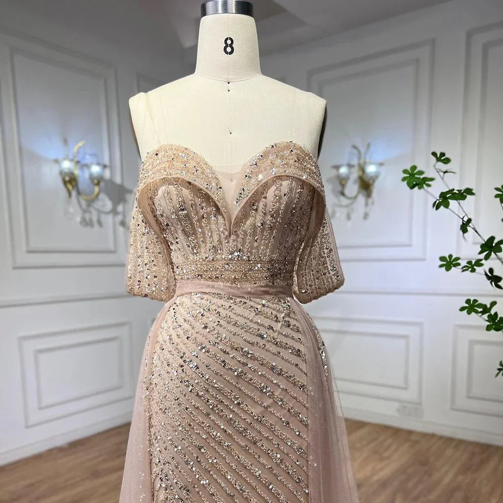 Serene Hill Customized Turquoise Off Shoulder Mermaid Beaded Evening Dresses Overskirt Split Party Gowns for Women rts DLA71728