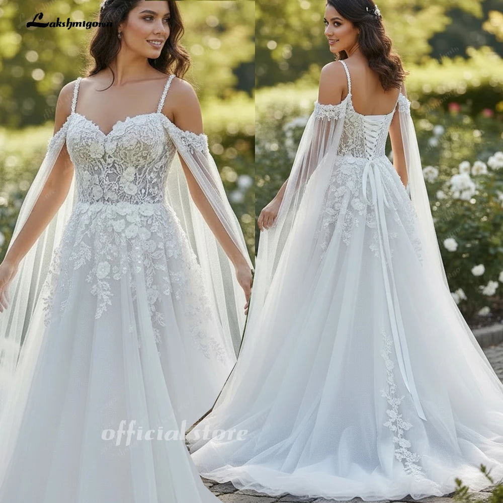 Lakshmigown Sexy Wedding Dress with Detachable Cape Spaghetti Straps Applique Sweep Train Woman Bridal Gown for Bride Customized