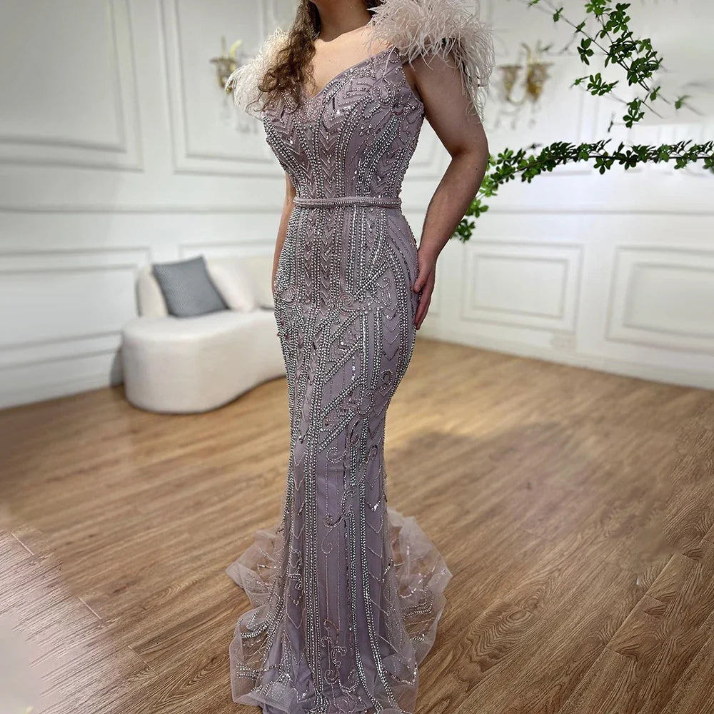 Customized Lilac Feathers Beaded Mermaid Evening Dresses Elegant Party Gowns for Women | Nightbubo