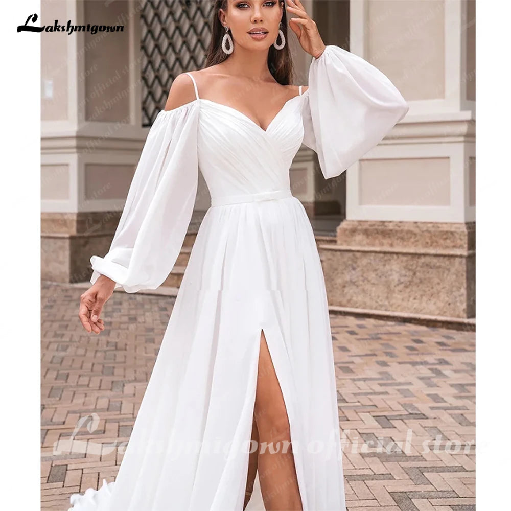 Lakshmigown A Line Women's Chiffon Wedding Dresses Customized Side Slit Bride Gowns Boat Neck Long Sleeves Vestidos Novias Boda