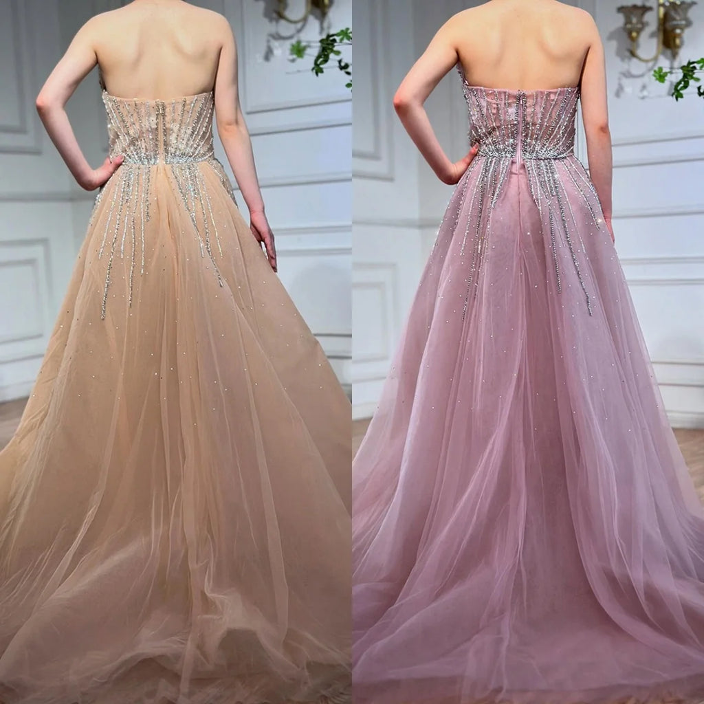 Serene Hill Customized 2025 Pink Crystal Beaded Saudi Mermaid Evening Dresses Gowns with Overskirt for Formal Occasion DLA72811