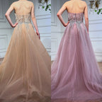 Serene Hill Customized 2025 Pink Crystal Beaded Saudi Mermaid Evening Dresses Gowns with Overskirt for Formal Occasion DLA72811