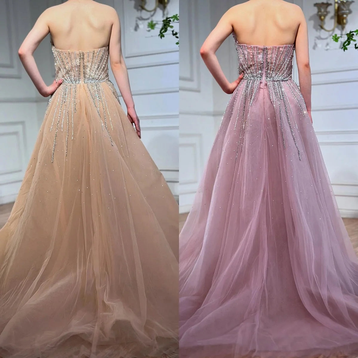 Serene Hill Customized 2025 Pink Crystal Beaded Saudi Mermaid Evening Dresses Gowns with Overskirt for Formal Occasion DLA72811