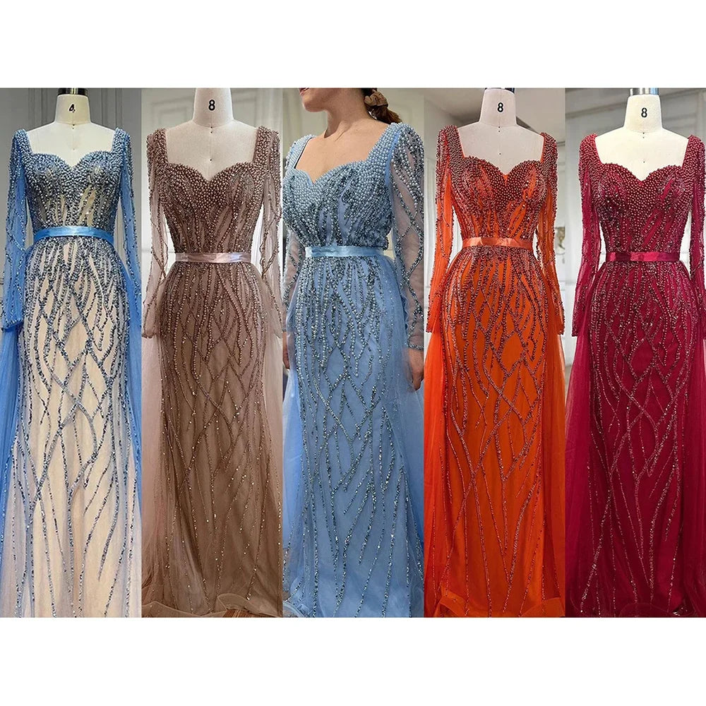 Serene Hill Customized Blue Long Sleeves Mermaid Pearls Beaded Evening Dresses Elegant Party Gowns For Women Wedding DLA71861