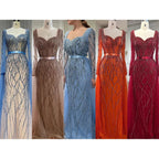 Serene Hill Customized Blue Long Sleeves Mermaid Pearls Beaded Evening Dresses Elegant Party Gowns For Women Wedding DLA71861