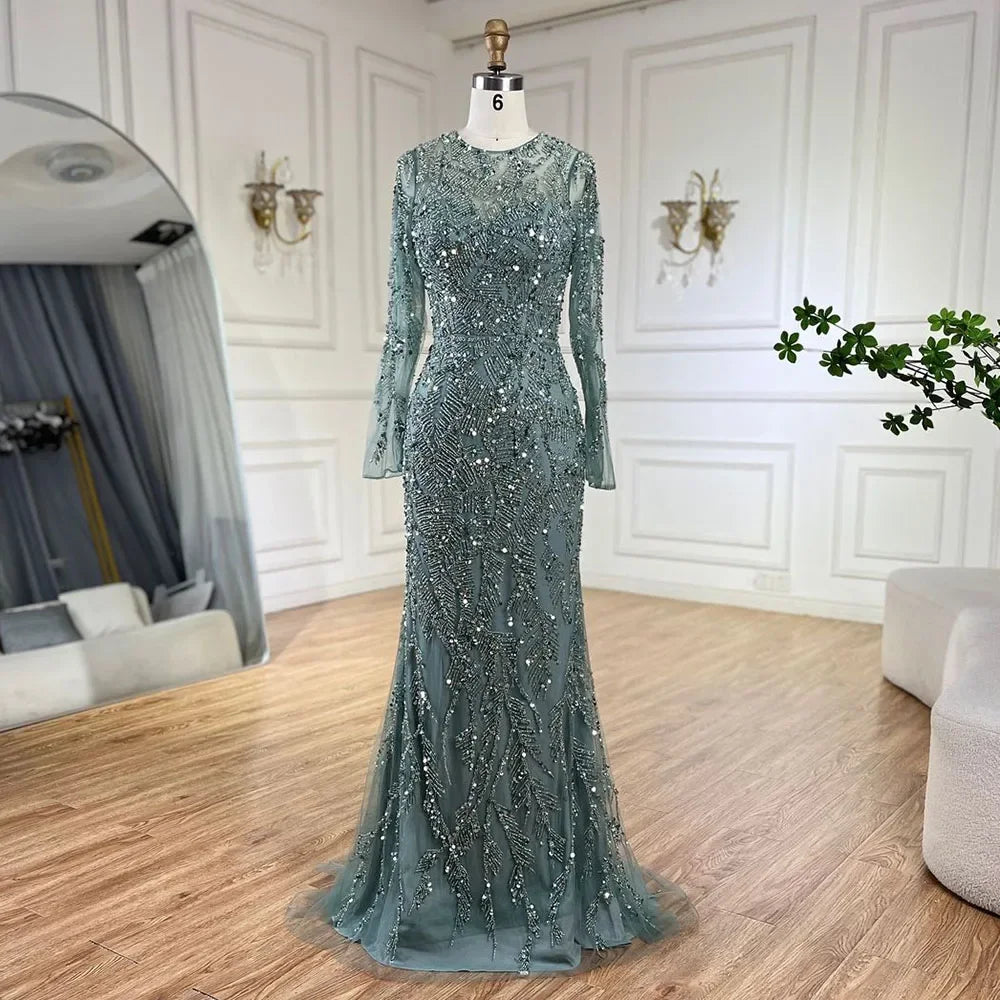 Serene Hill Customized Turquoise Mermaid Party Gown Overskirt Beaded Evening Dress for Women Wedding 2024 DLA72601