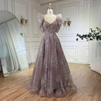Serene Hill Customized 2024 Pink A Line Beaded Evening Dresses Dubai Arabic Elegant Party Gown for Women Wedding Event DLA72447