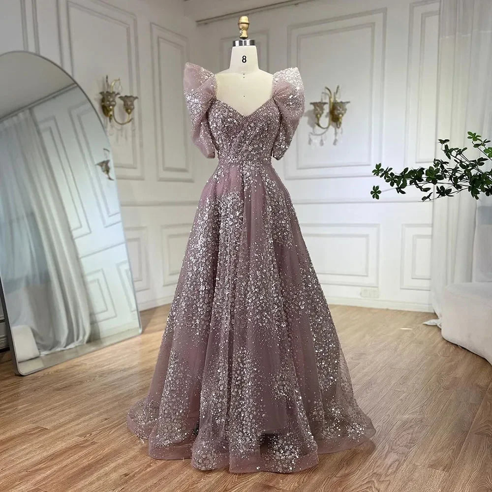 Serene Hill Customized 2024 Pink A Line Beaded Evening Dresses Dubai Arabic Elegant Party Gown for Women Wedding Event DLA72447