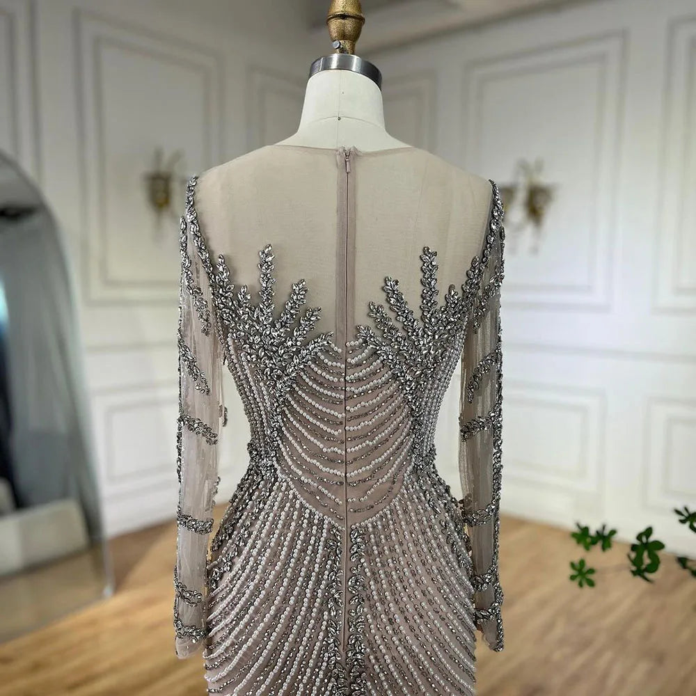 Serene Hill Customized Sliver Nude Long Sleeves Pearls Beaded Luxury Evening Dresses Formal Party Gowns for Women DLA72478