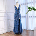 Luxuriöses blaues Perlenbesetztes Federbesetztes Meerjungfrauen-Abendkleid LA73369