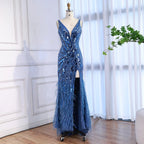 Luxuriöses blaues Perlenbesetztes Federbesetztes Meerjungfrauen-Abendkleid LA73369