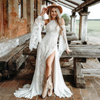 Customized Cold Shoulder Bell Sleeve Wedding Dress Bohemian Side Slit Bridal Dress with Train Bridal Gown for Wedding Occasions
