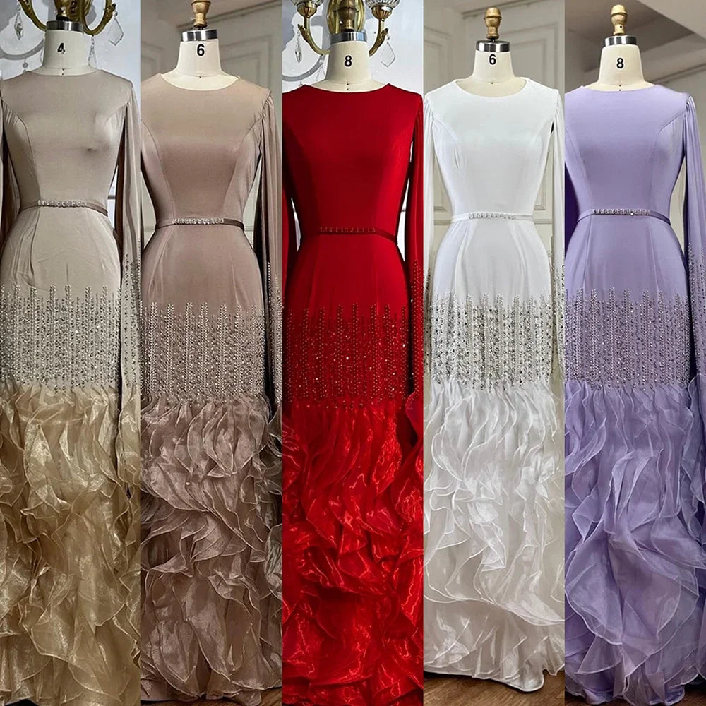 Serene Hill 2025 Champagne Mermaid Luxury Cape Sleeves Beaded Satin Saudi Evening Dresses Gowns for Party DLA72317A Customized