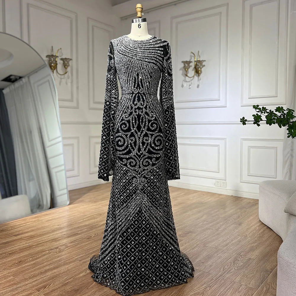 Serene Hill 2025 Flared Sleeves Caramel Beaded Dubai Mermaid Evening Dresses Gowns for Party DLA72771 Customized